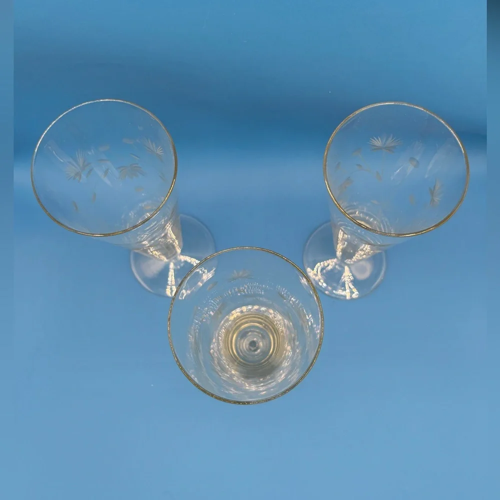 3 Vintage Etched Arcadia Glass Pilsner Glasses Floral w/Berries Barware Cocktail